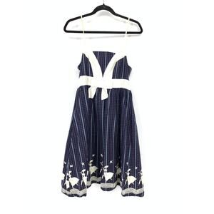 Dantu Womens S Navy Blue Retro Novelty Print A-Line Sundress Bow Waist Detail